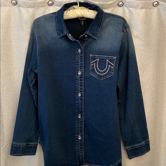 True Religion Tops - True Religion Dark Blue Denim Shirt with Studded Rhinestone Pocket